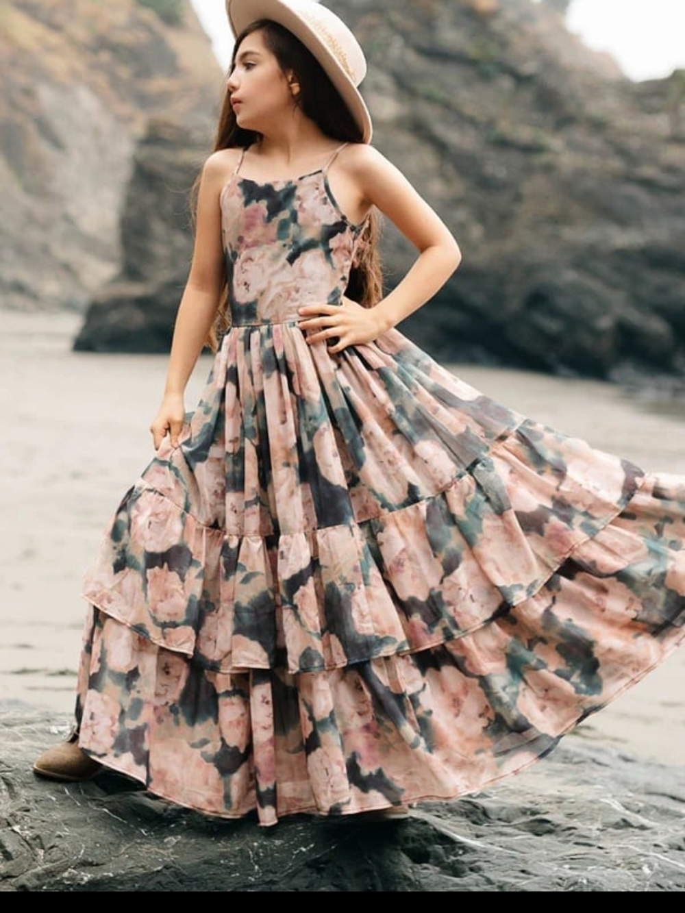 Joyfolie Floral Tie-Dye Ruffle Maxi Dress - Pink & Green